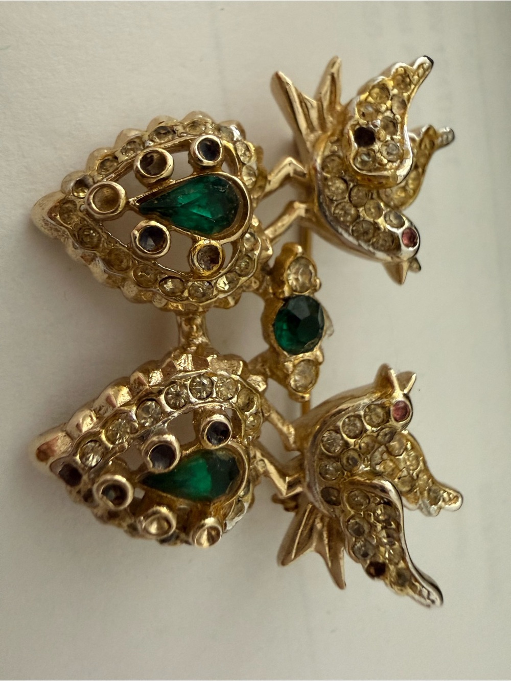 Vintage Coro Gold-Tone Green Crystal Bird Brooch - Women Jewelry